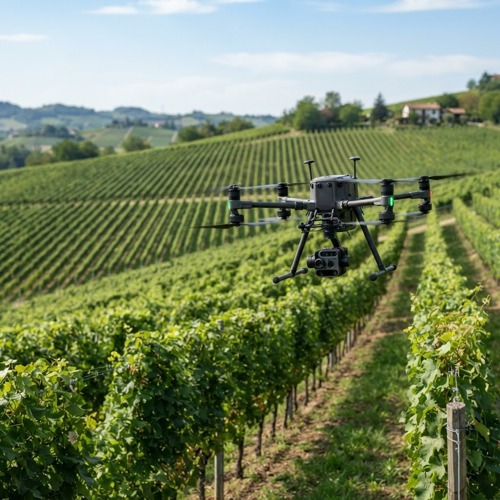 Drone da rilievo con camera multispettrale in volo sopra i filari di un vigneto